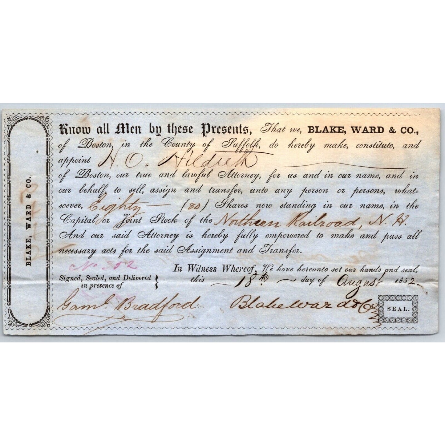 1852 Boston MA Power of Attorney re: Northern Railroad Stock Blake, Ward & Co.