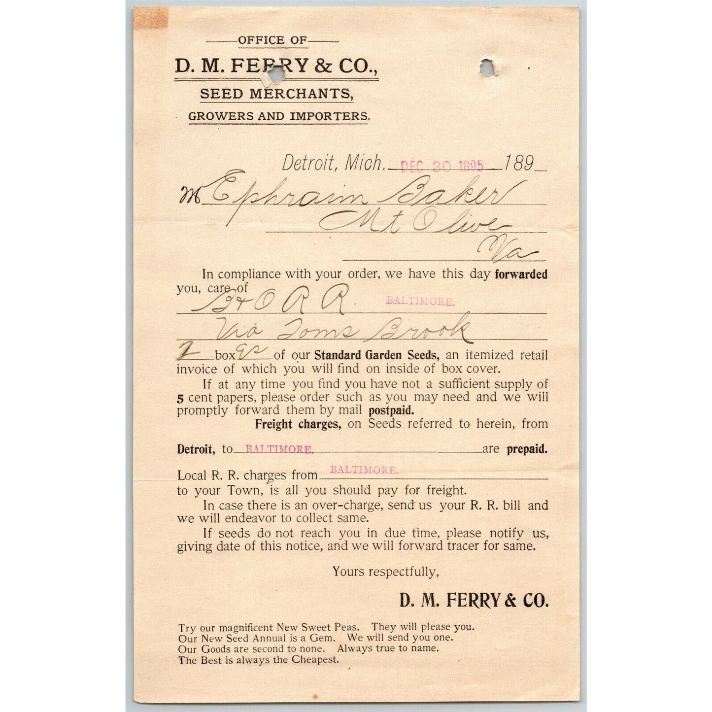 1895 Letterhead Billhead D.M. Ferry Seed Merchants Detroit - Ephraim Baker*