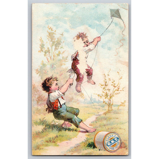 Boys Pulled Into the Air By Kite Victorian Trade Card Clark's Spool Cotton