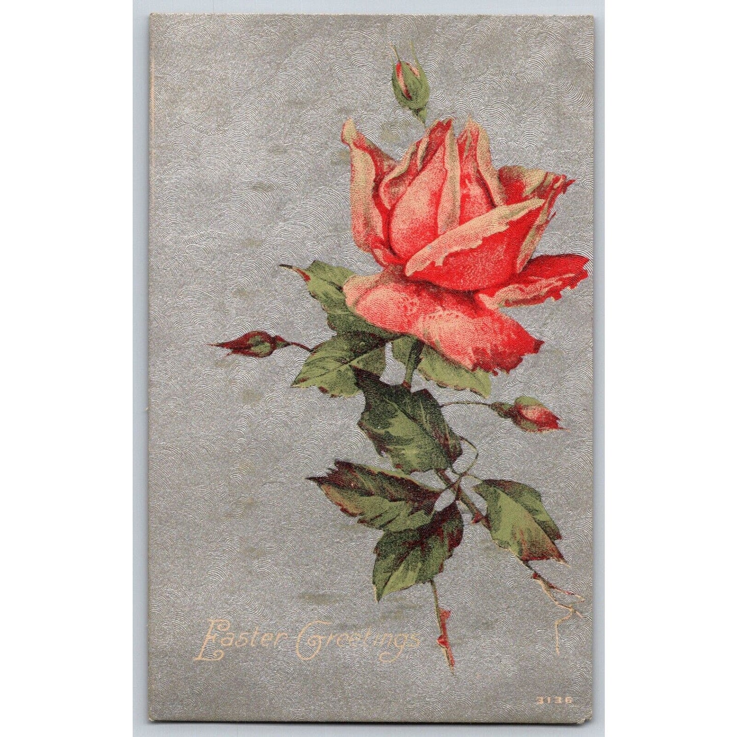 Vintage Easter Postcard "Easter Greetings" Floral Textured Silver Background