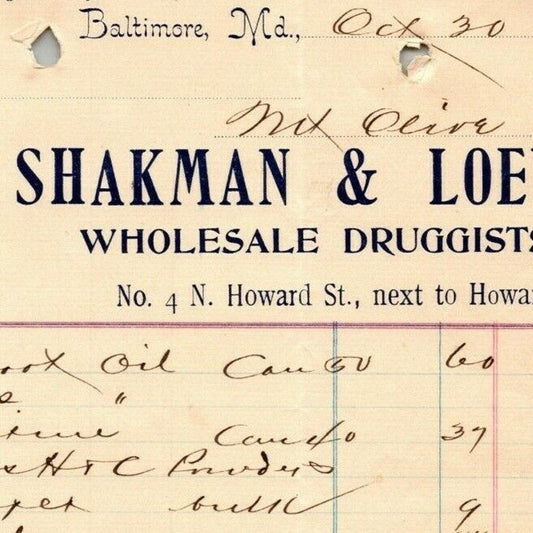 1899 Letterhead Billhead Shakman & Loewy Druggists Baltimore - Ephraim Baker*