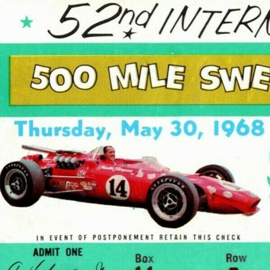 Indy 500 1968 Ticket Stub - "500 Mile Intl. Sweepstakes" $35 Adm. Seat 13