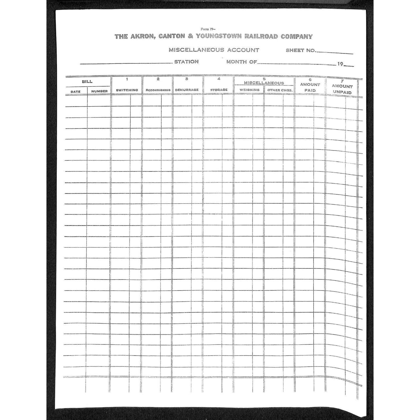 Akron, Canton & Youngstown Railroad Grp of 5 "Miscellaneous Account" Form Sheets