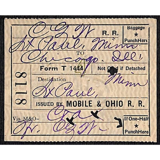 Mobile and Ohio Railroad Ticket Chicago St. Paul 1923 #8118 Scarce