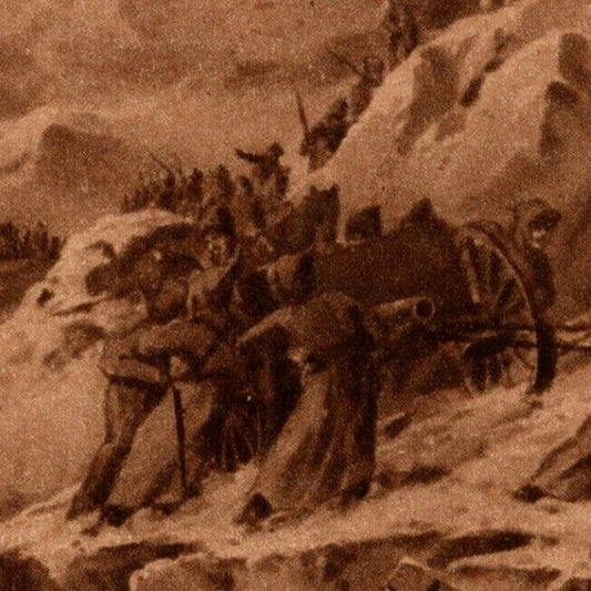c1914-18 Russian Military Art - "Hardship" Soldiers Walk Rocky Mountain Trail