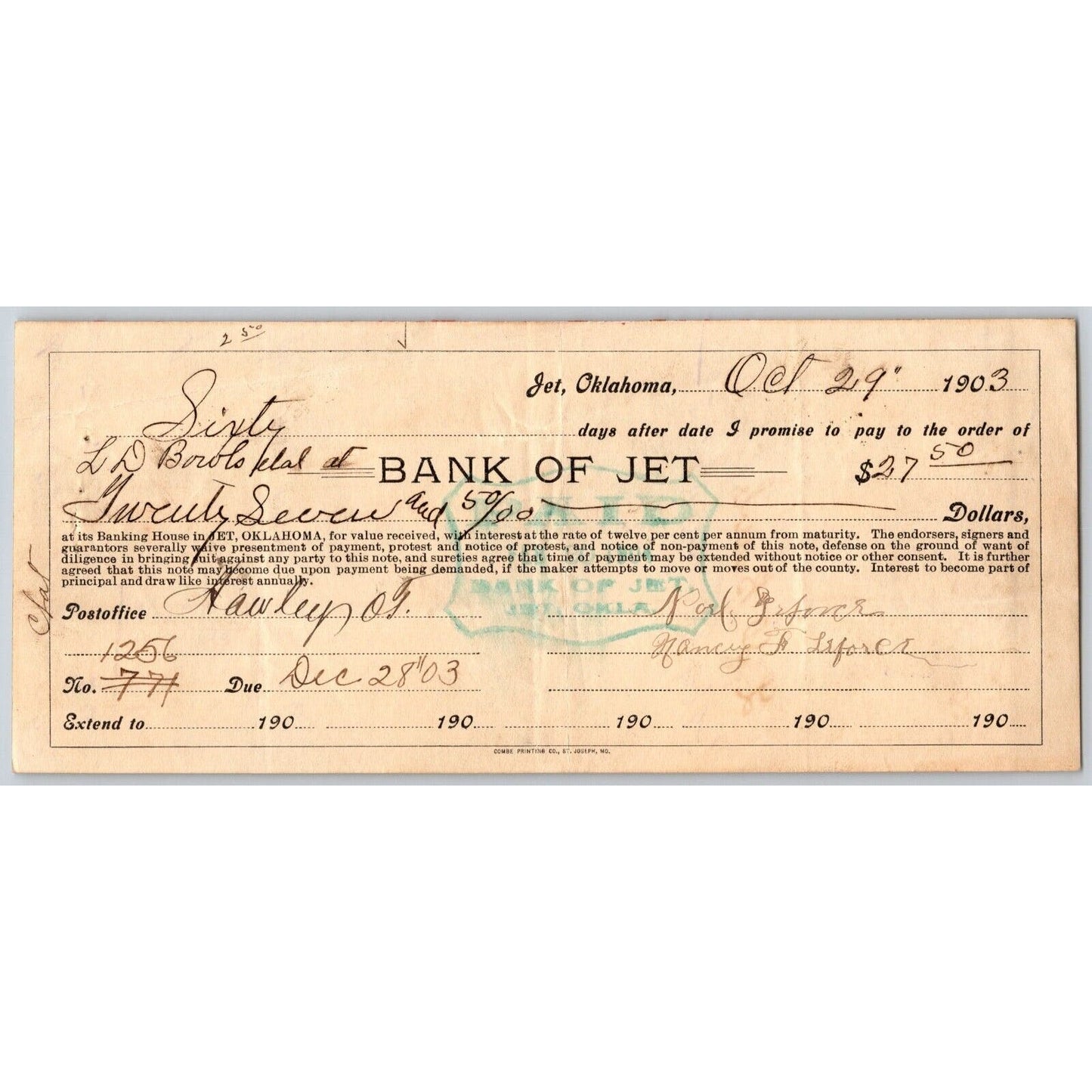 Jet, Oklahoma Territorial 1903 $27.50 Promissory Note - Scarce