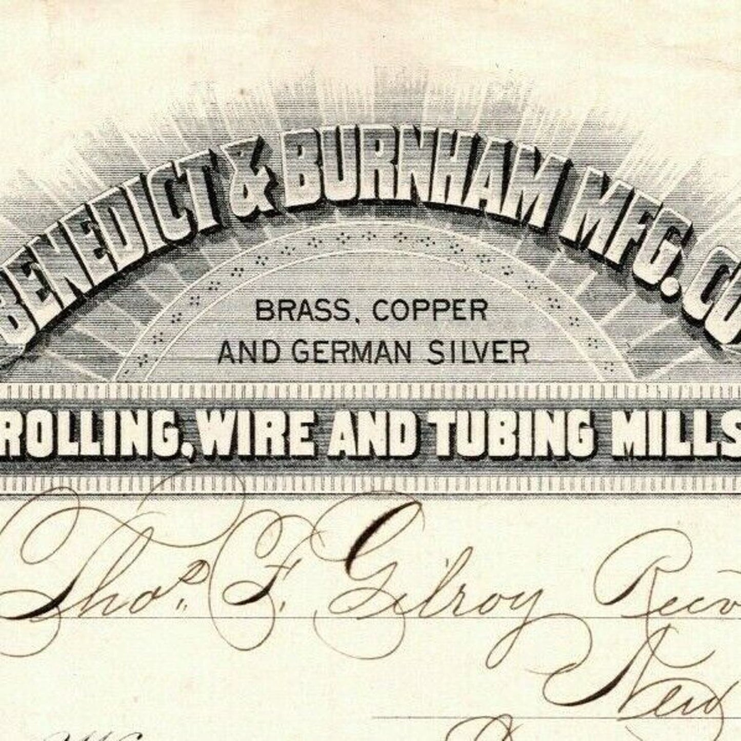 1887 "Benedict & Burnham Mfg. Co" Copper Billhead Letterhead Waterbury - CONN