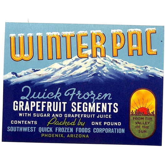 Winter Pac Quick Frozen Grapefruit Paper Label Phoenix, AZ NOS Scarce Mountain