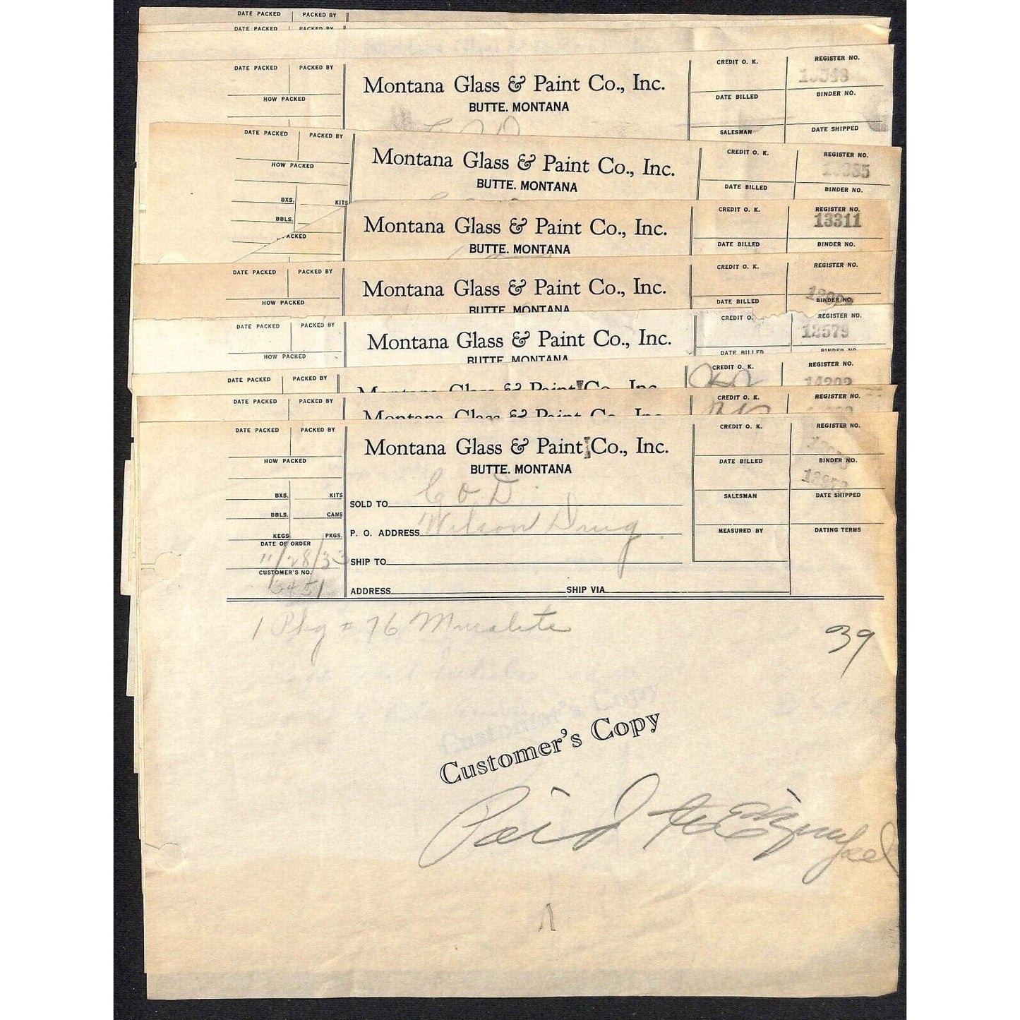 Group of 12 Montana Glass & Paint Co. Butte Montana 1933 Billheads Wilson Drug