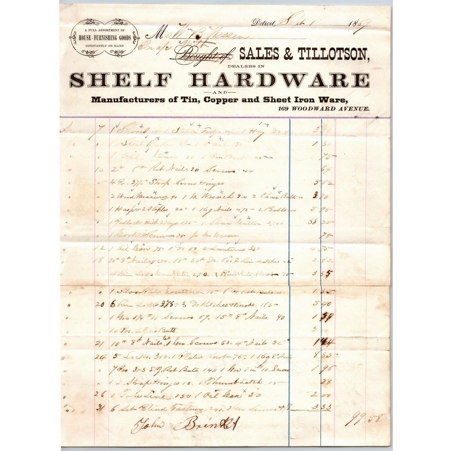 Detroit Letterhead Sales & Tillotson Shelf Hardware Tin Copper Sheet Iron 1869