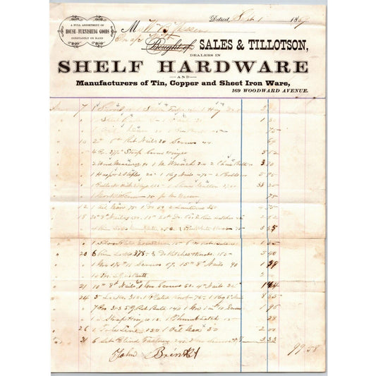 Detroit Letterhead Sales & Tillotson Shelf Hardware Tin Copper Sheet Iron 1869