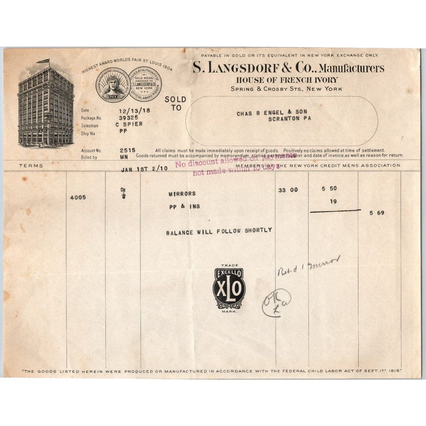 1918 S. Langsdorf & Co. New York City Spring & Crosby Sts. "Engel" Billhead