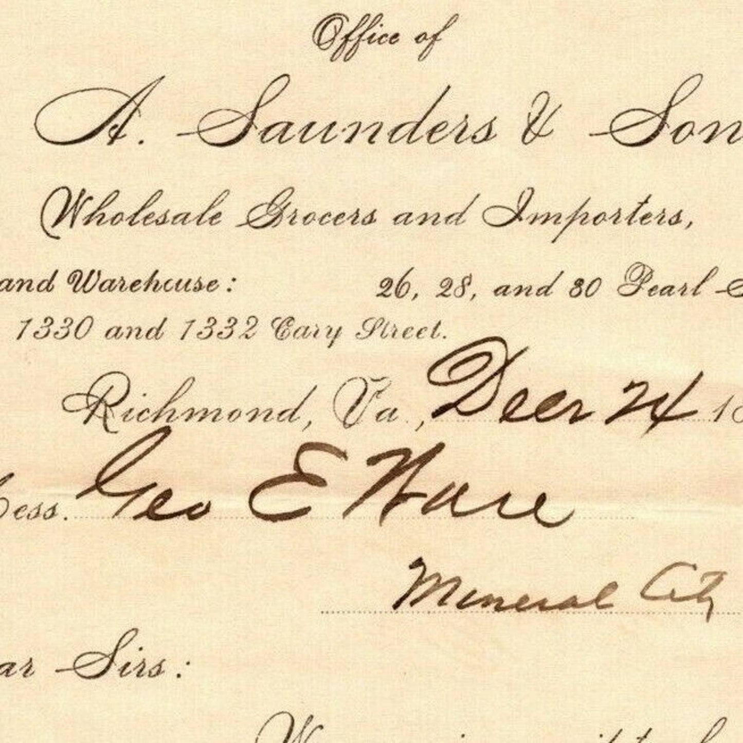 E.A. Saunders and Son Grocer Letterhead Richmond, VA to Geo. E. Wear 1891