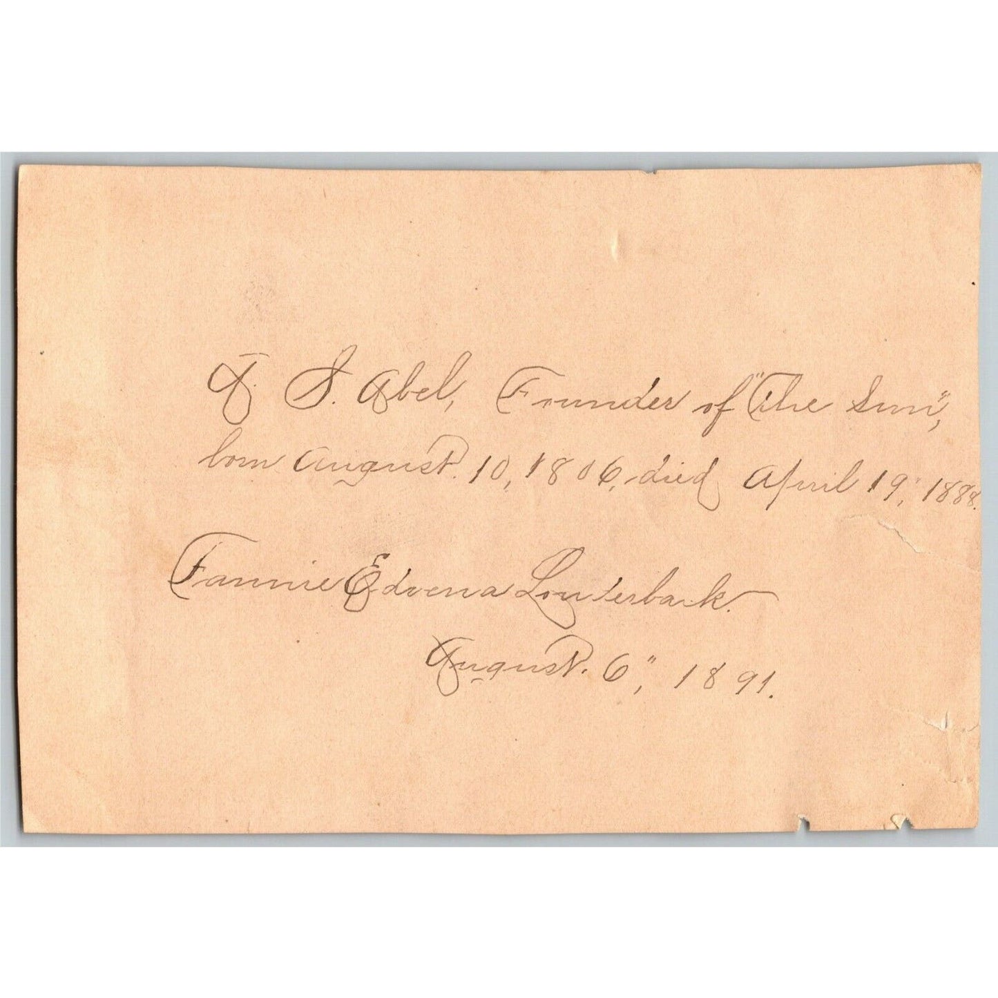 1891 S. Abel (1806-1888) Founder of "The Sun" Baltimore Art - Not a Trade Card