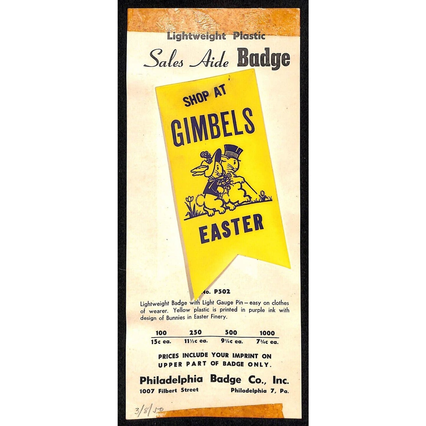 c1950 Gimbles Easter Pinback Ribbon on Catalog Salesman's Sample Card
