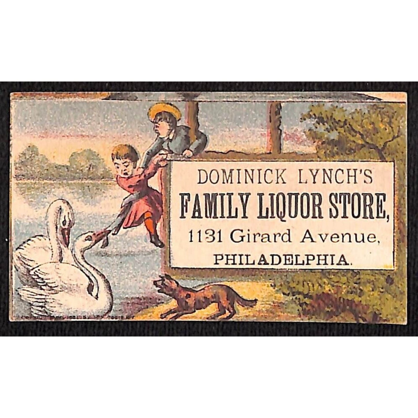 Dominick Lynch's Family Liquor Store Phila. Victorian Trade Card Swans Kids