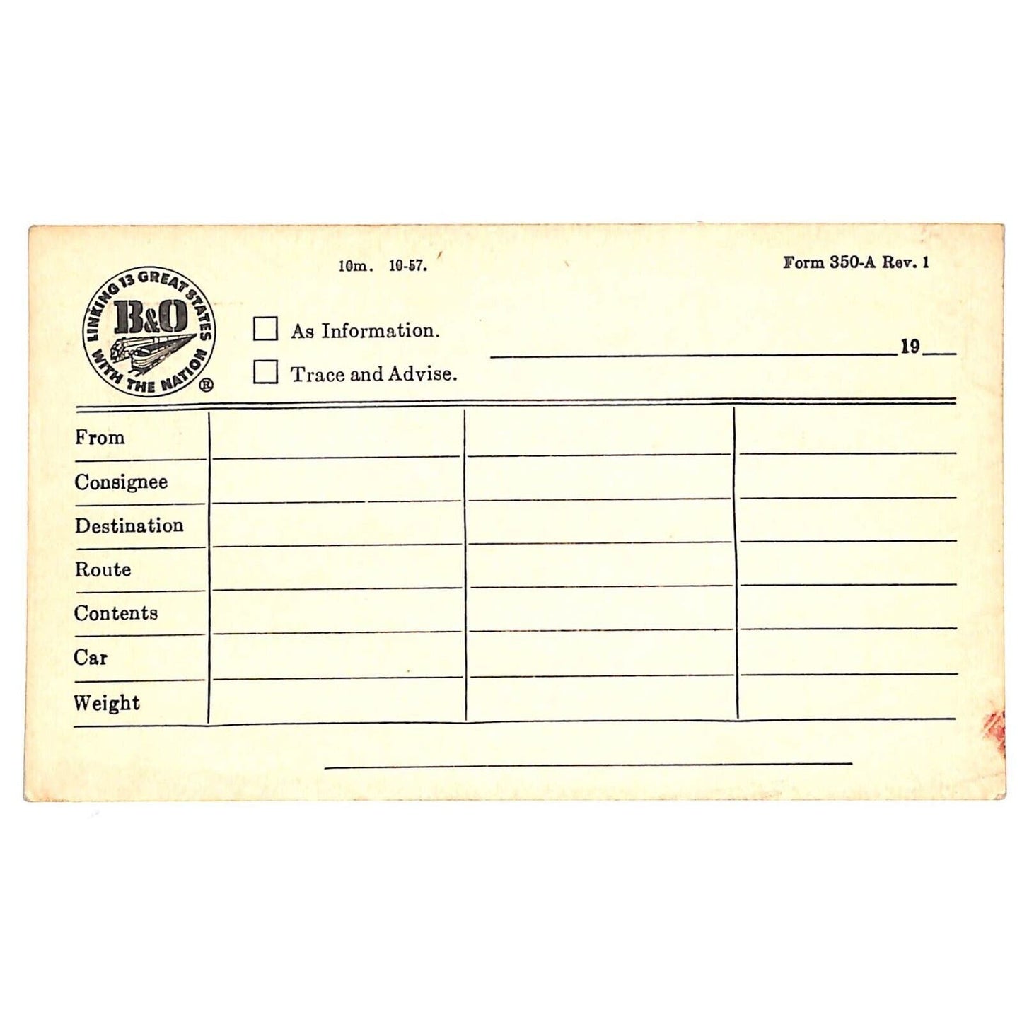 B&O Railroad c1957 Freight Route Detail Contents Detail Form Post Card - VGC