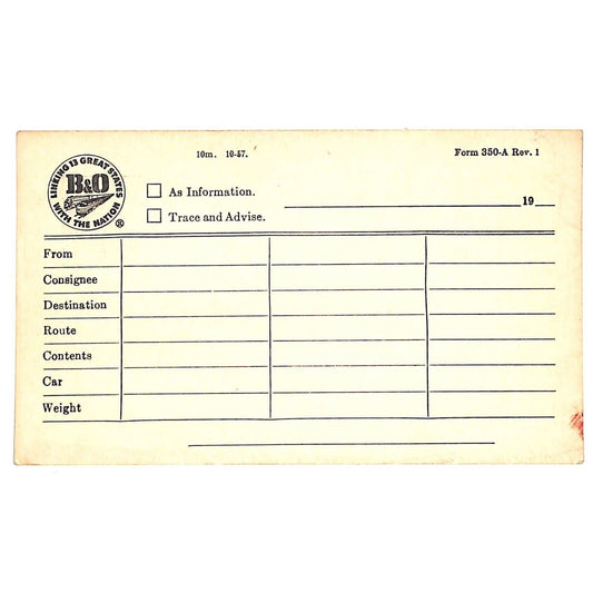 B&O Railroad c1957 Freight Route Detail Contents Detail Form Post Card - VGC