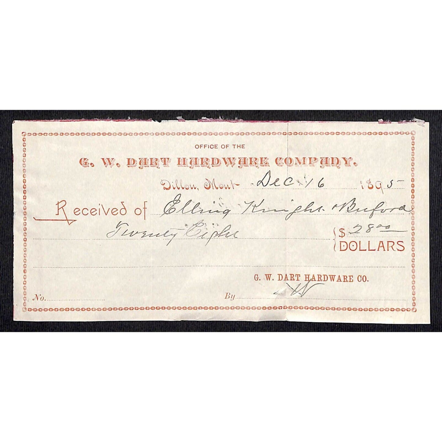 Dillon Montana G.W. Dart Hardware Company 1895 Receipt / Billhead (Henry Elling)