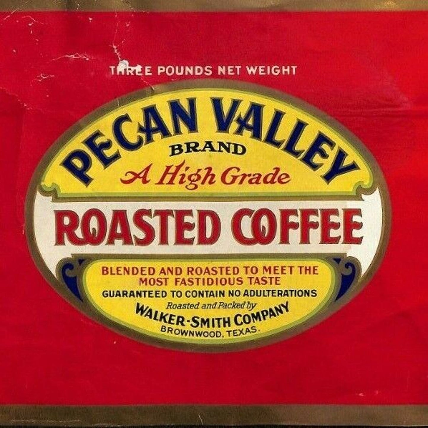 Scarce Pecan Valley Roasted Coffee Walker-Smith Brownwood, TX Paper Label c1930