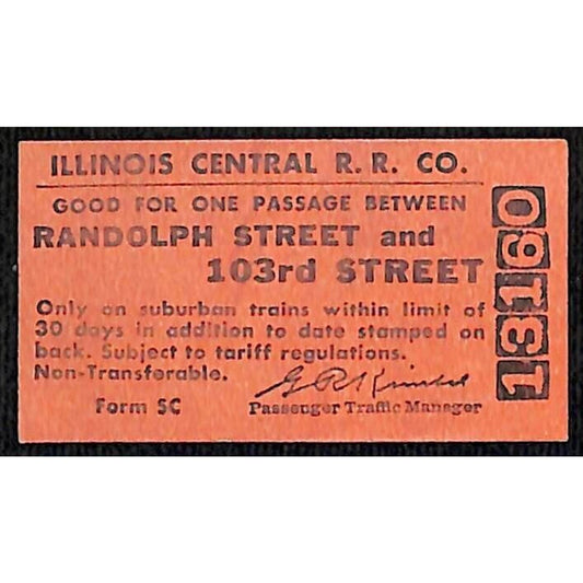 Illinois Central Railroad Unused Ticket Randolph St. 103rd ST. #13160