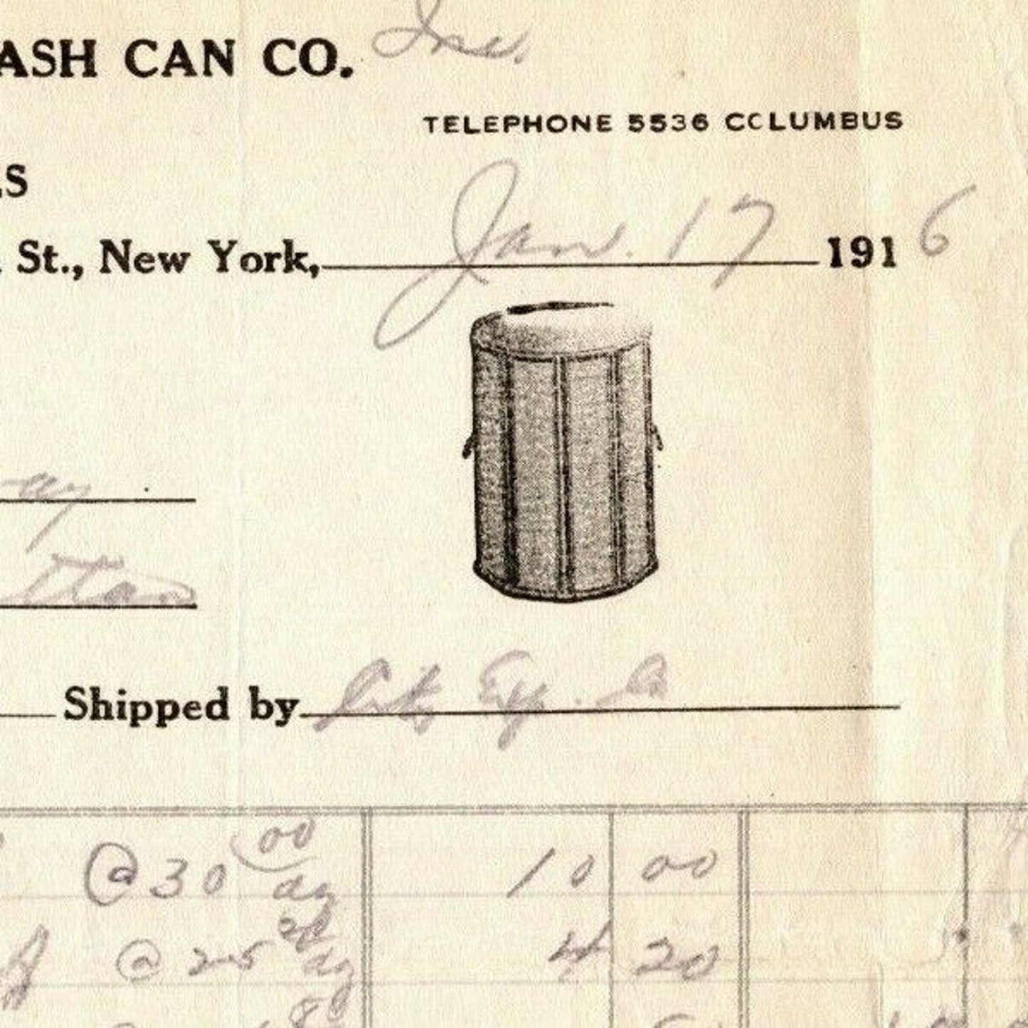 1916 "Improved Garbage and Ash Can Co," Billhead Letterhead 540 W. 58th St. NYC