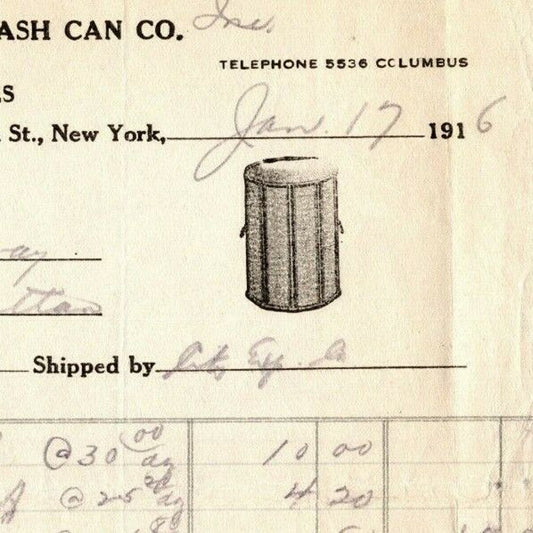 1916 "Improved Garbage and Ash Can Co," Billhead Letterhead 540 W. 58th St. NYC