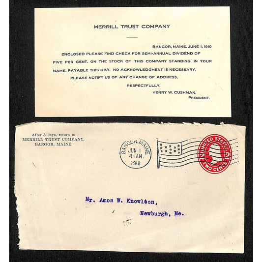 Newburgh, ME Amos W. Knowlton* 1912 Bangor Merrill Trust Co. Dividend Check Card