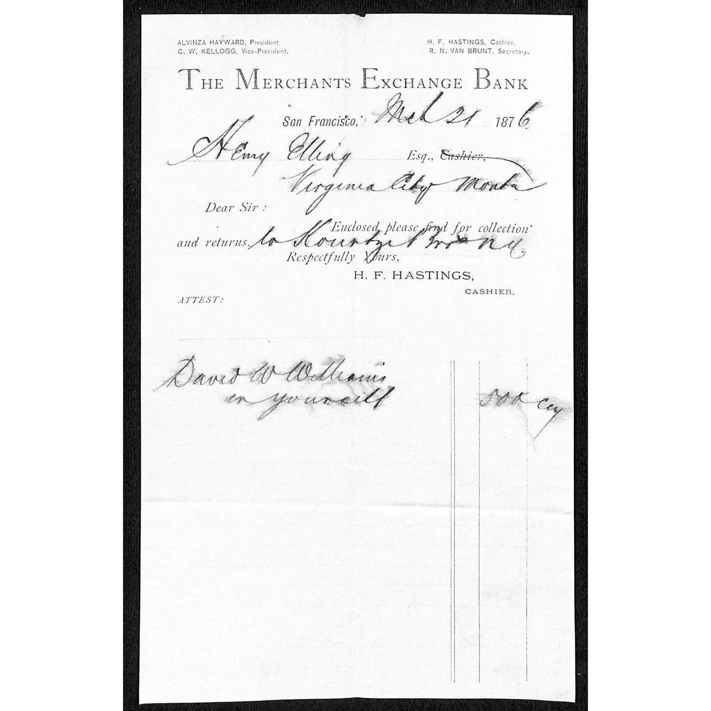 San Francisco Merchant's Exchange Bank 1876 Henry Elling* Billhead / Receipt
