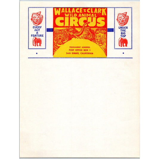 Wallace & Clark Wild Animal Circus Letterhead c1961 San Dimas Scarce