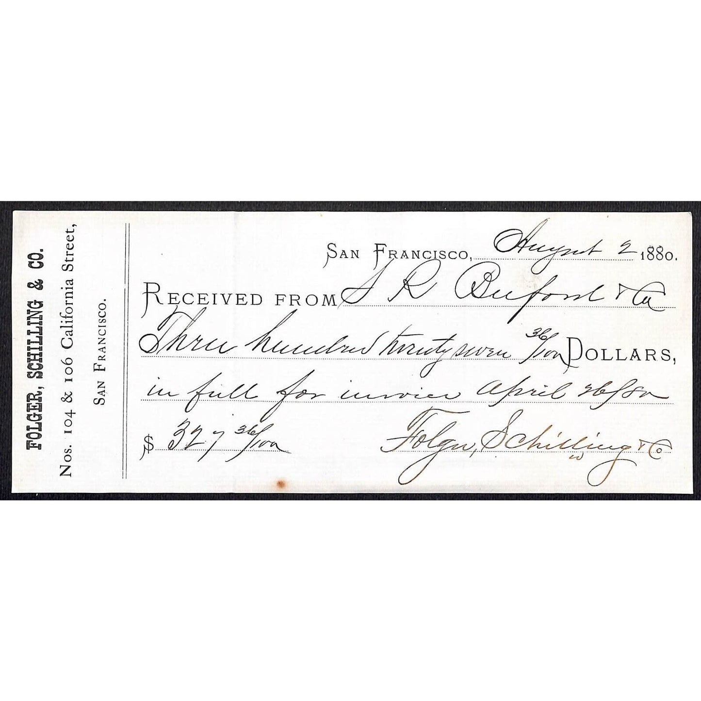 Folger - Schilling Receipt Coffee Butte Virginia City Montana S.R. Buford 1880
