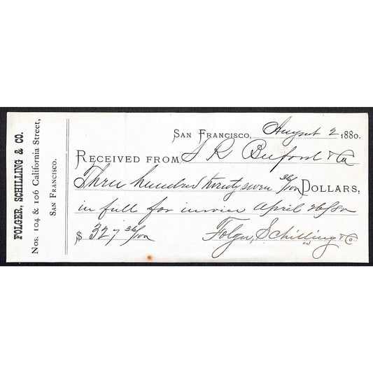 Folger - Schilling Receipt Coffee Butte Virginia City Montana S.R. Buford 1880