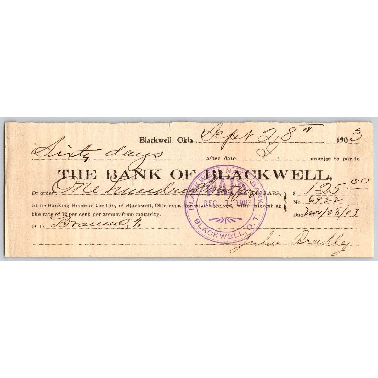 Blackwell, OK 1903 Territorial "Bank of Blackwell" $125 Promissory Note Scarce
