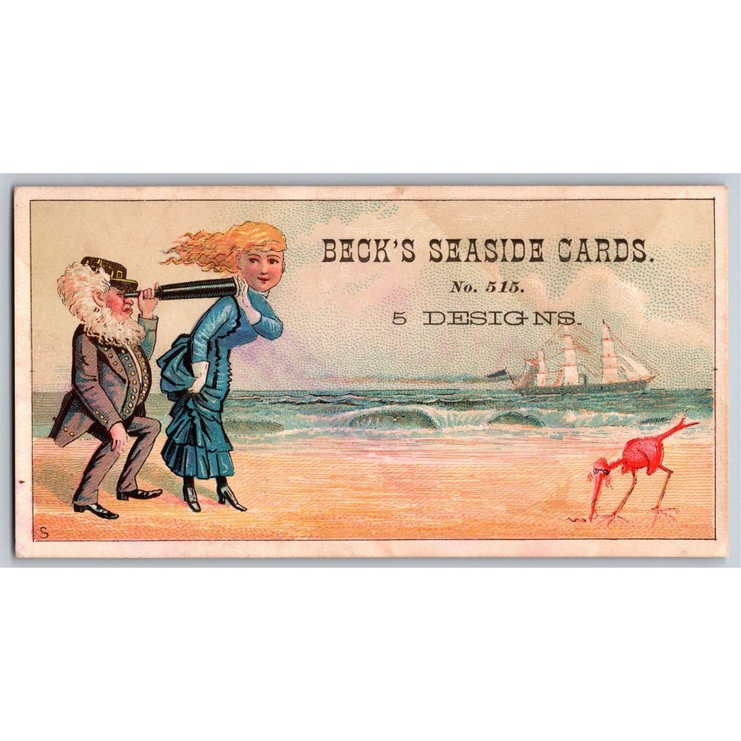 Beck's Seaside Cards Sample Victorian Trade Card w/ Playful Beach Scene