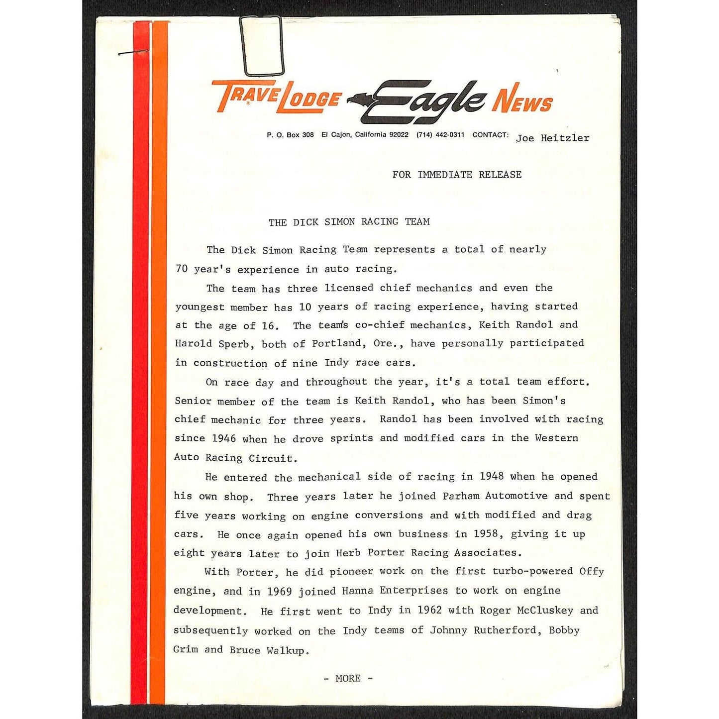 c1973 Dick Simon / TraveLodge Indy 500 Indianapolis Press Releases & Specs 12pp