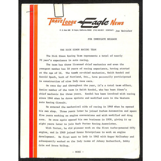 c1973 Dick Simon / TraveLodge Indy 500 Indianapolis Press Releases & Specs 12pp