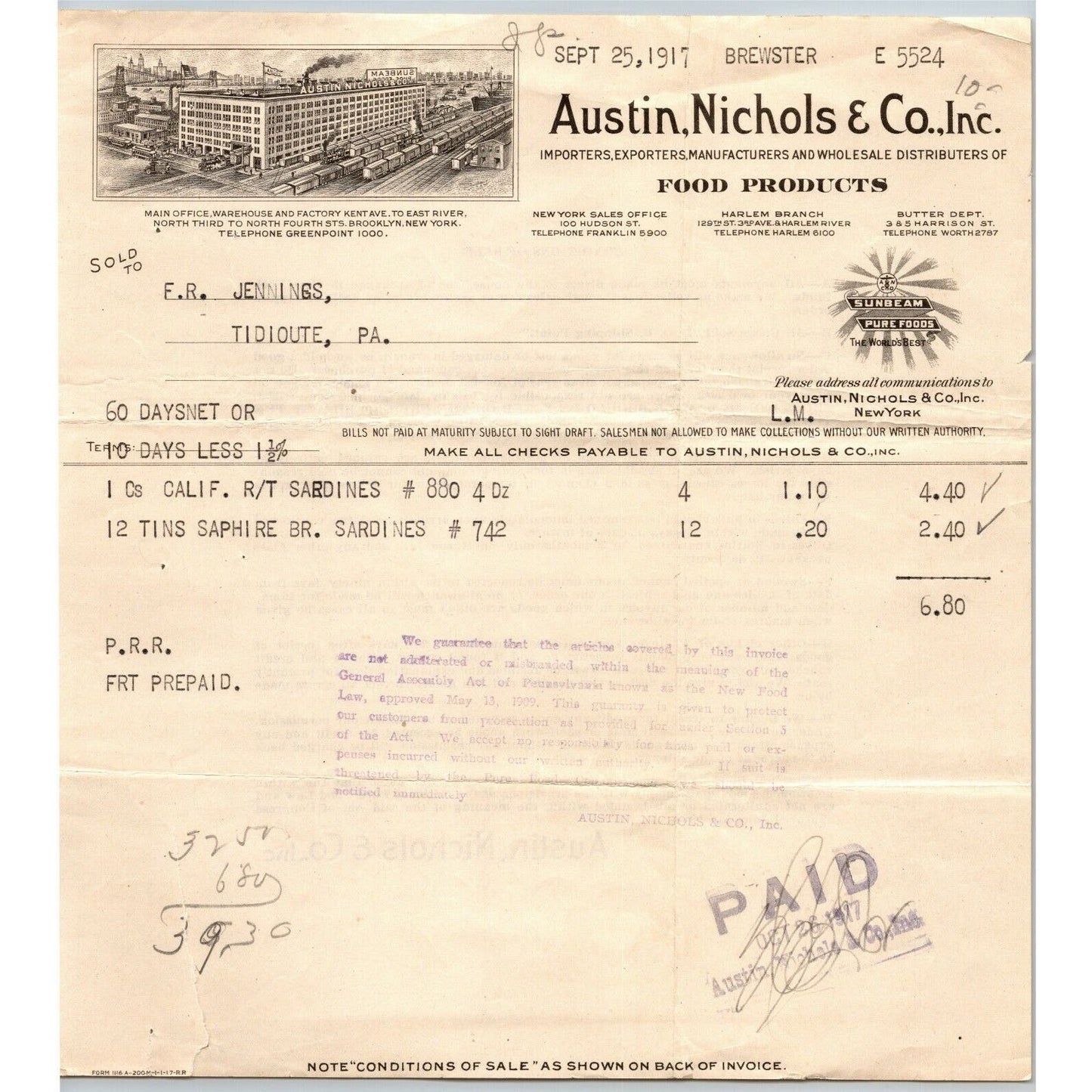 Austin, Nichols & Co 1917 Letterhead New York - Food Products Sunbeam Pure Foods