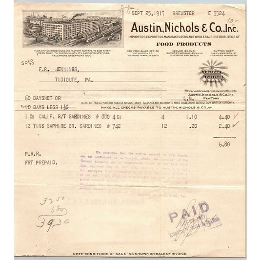 Austin, Nichols & Co 1917 Letterhead New York - Food Products Sunbeam Pure Foods