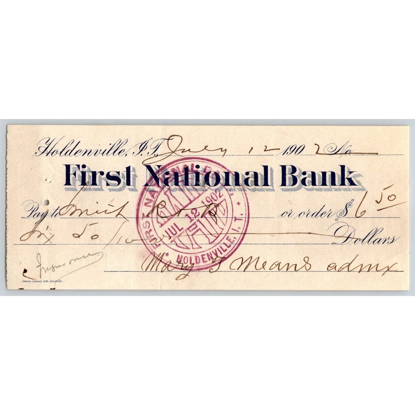 Holdenville Oklahoma Indian Territory 1902 FNB Bank Check Bold Stamp - Scarce