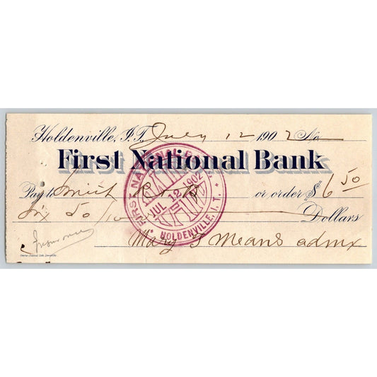 Holdenville Oklahoma Indian Territory 1902 FNB Bank Check Bold Stamp - Scarce