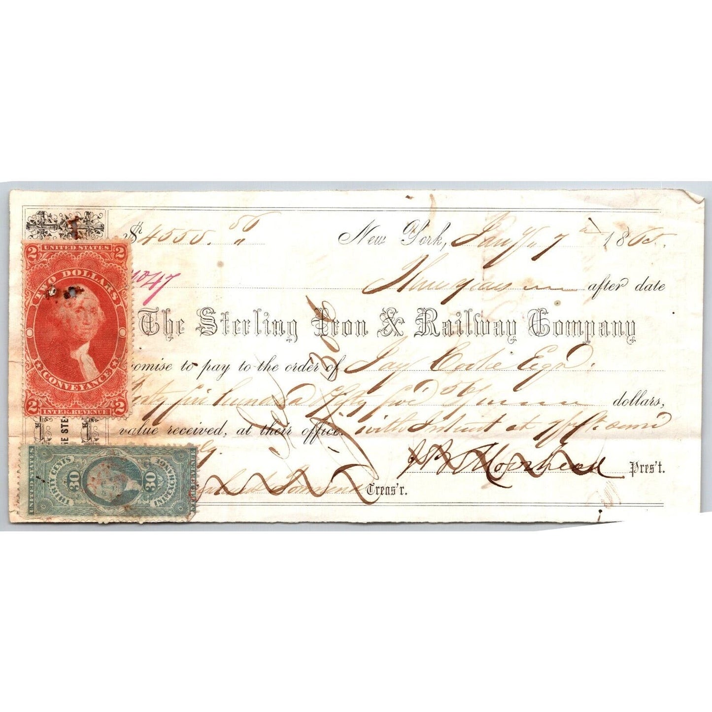Sterling Railroad / Jay Cooke 1865 Promissory Note w/ Rev Stamps
