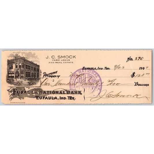 Eufaula Oklahoma 1909 J.C. Smock Eufaula National Bank Check #870 Vignette