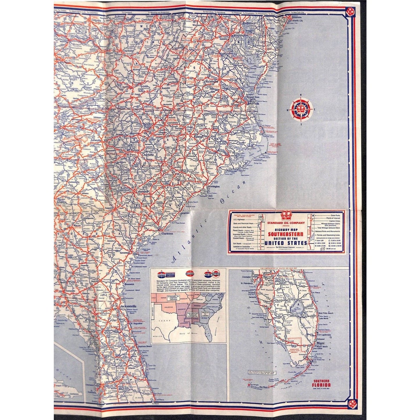 Standard Oil Highway Map of South Eastern United States c1930's 18" x 34" VGC