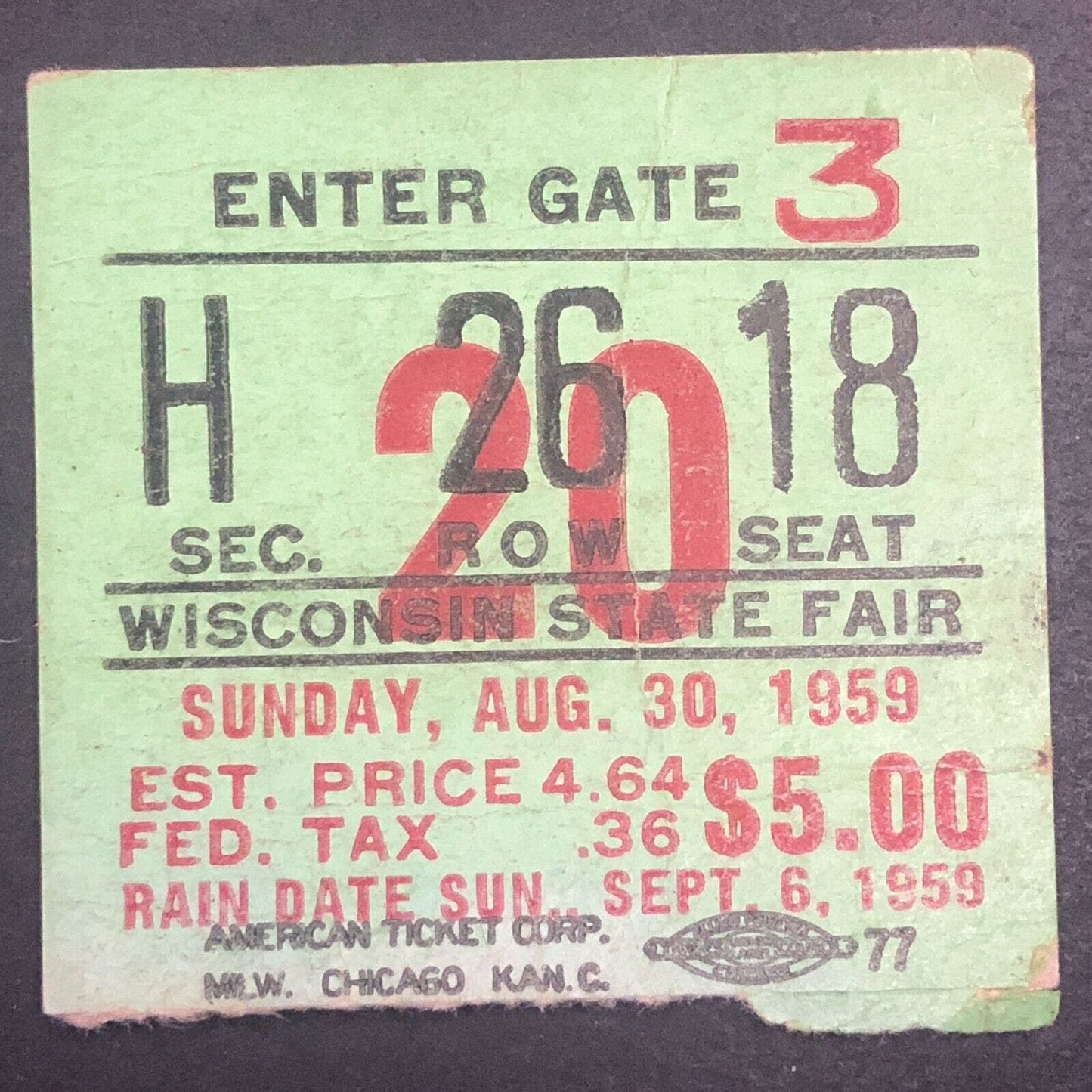 Auto Racing Ticket Stub 8/30 1959 Wisconsin State Fair