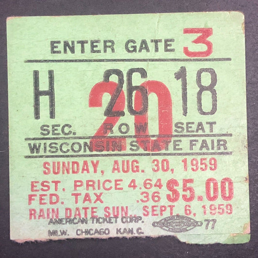 Auto Racing Ticket Stub 8/30 1959 Wisconsin State Fair