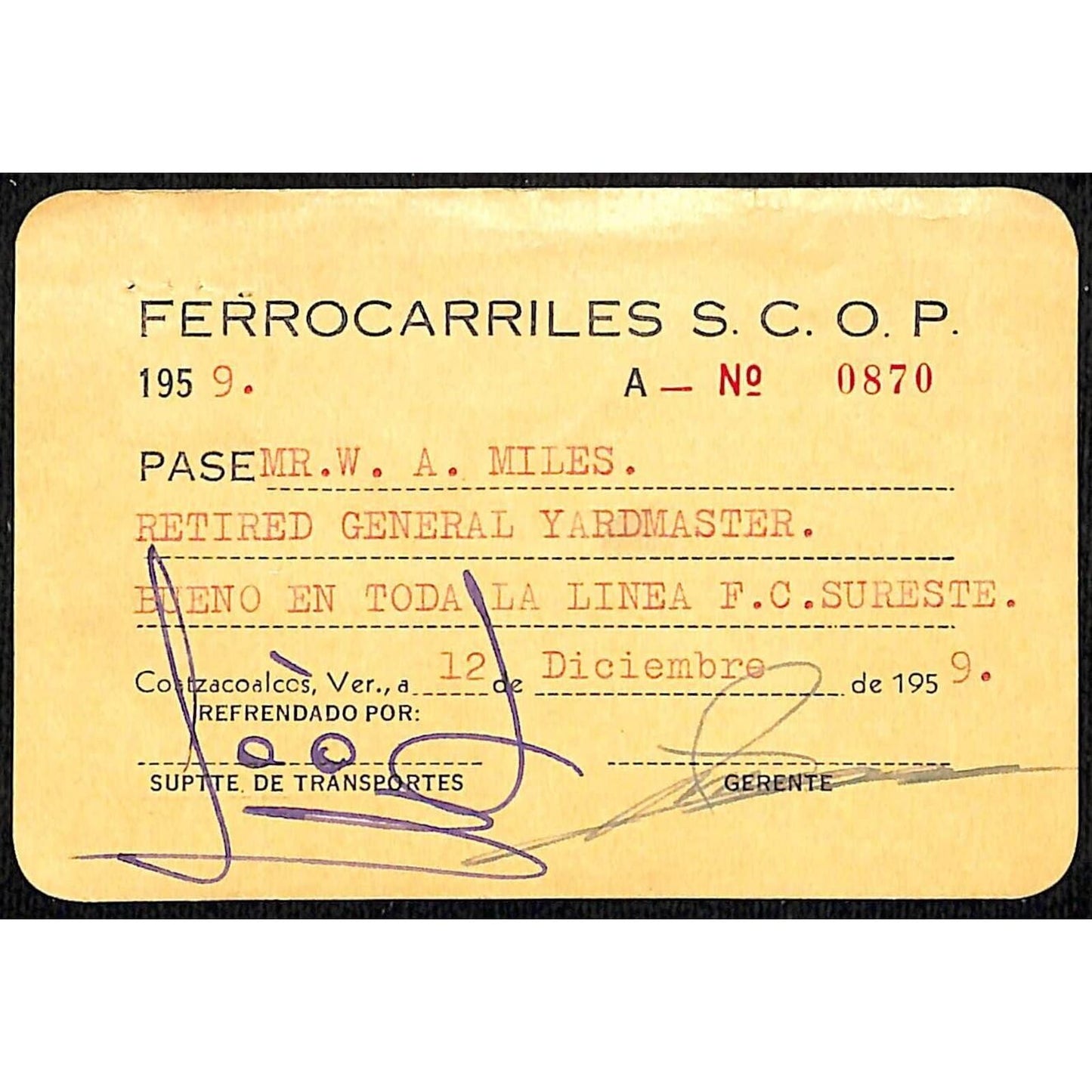 1959 Ferrocarriles S.C.O.P. Railways Railroad Mexico Trip Pass