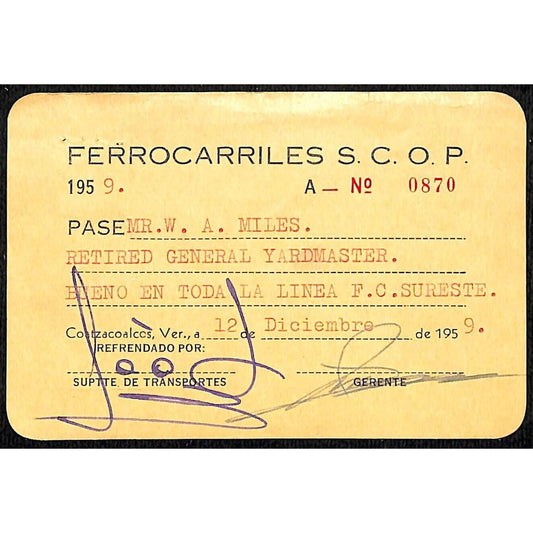 1959 Ferrocarriles S.C.O.P. Railways Railroad Mexico Trip Pass