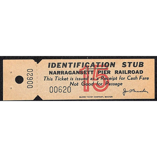 Narraganset Pier Railroad Cash Fare Receipt Identification Stub "15" Scarce