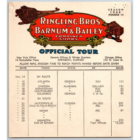 1948 Ringling Bros Barnum Bailey Circus Route Card Atlanta Columbus Miami