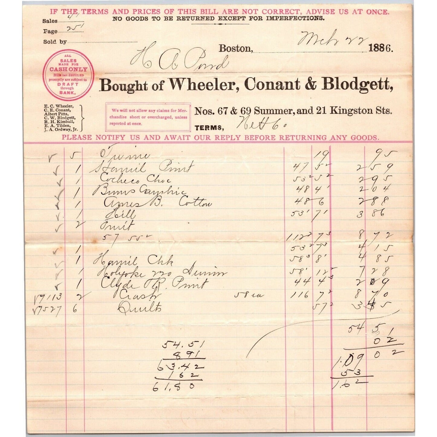Boston, MA Wheeler, Conant & Blodgett 1886 Billhead w/ Long List of Items